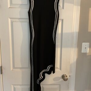 Black Asymmetric Knit Dress with White Trim